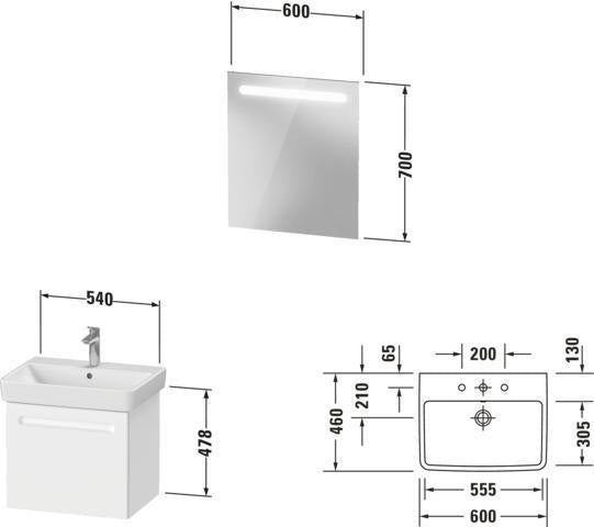 Duravit No.1 Möbel-Set 600x450mm mit Waschtisch, Waschtischunterbau und Spiegel in Graphit Matt