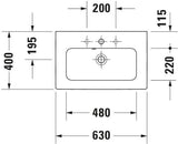 DURAVIT ME by Starck Möbelwaschtisch 630 mm Weiß mit Überlauf und 2 Hahnlöchern