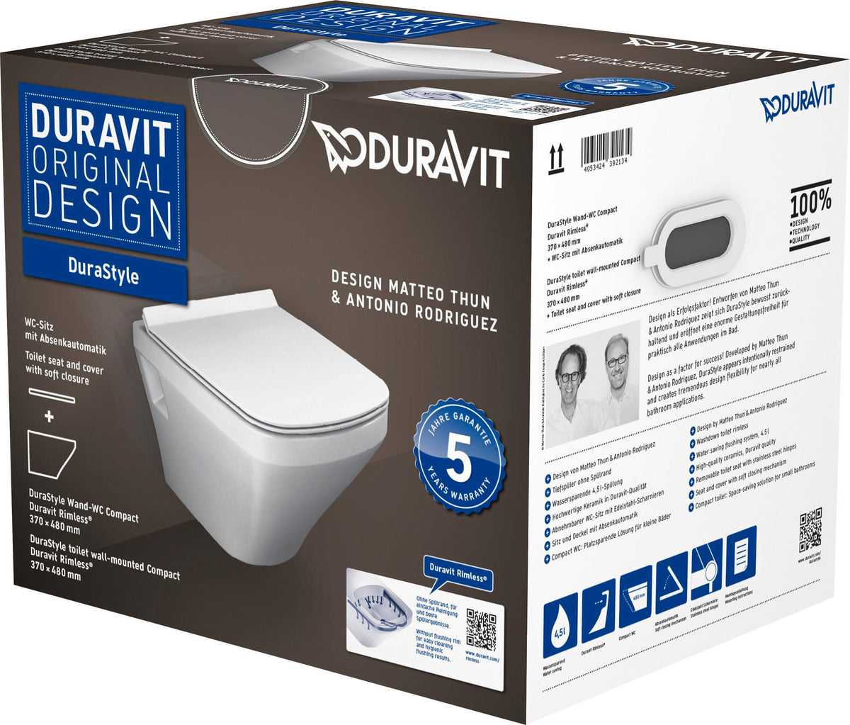 DURAVIT DuraStyle Wand-WC-Set spülrandlos 370x480mm weiß inkl. WC-Sitz mit Absenkautomatik