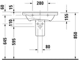 DURAVIT Möbelwaschtisch P3 Comforts 650 mm weiß mit Überlauf und Hahnlochbank