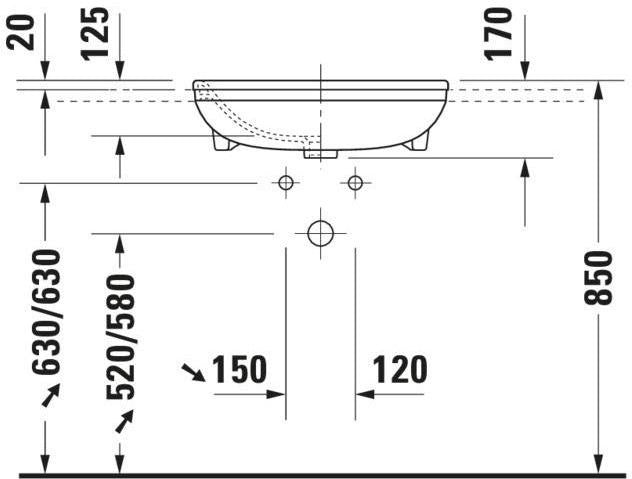 Duravit DuraStyle Halbeinbauwaschtisch 550 mm mit WonderGliss, 1 Hahnloch, Überlauf, weiß