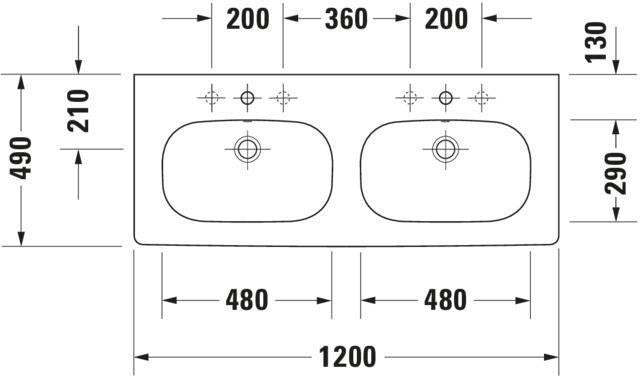 Duravit D-Code Doppelwaschtisch 1200 mm mit Überlauf, Hahnlochbank, 2 Becken, weiß