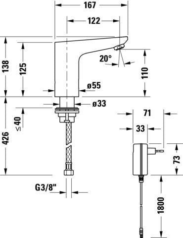 DURAVIT Sensor 1 Waschtischmischer elektronisch, Netzanschluss, Chrom, 122 mm Ausladung