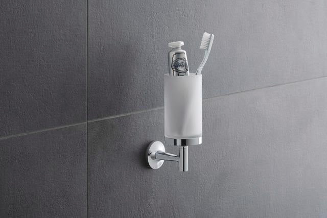 DURAVIT Starck T Zahnputzbecher, Chrom, Akzentfarbe Weiß Matt, 65x98x173 mm, Glas, Messing