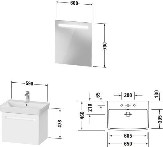 Duravit No.1 Möbel-Set 600x450mm mit Waschtisch, Waschtischunterbau und Spiegel in Graphit Matt
