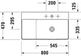 Duravit DuraSquare Waschtisch 800 mm, weiß, ohne Überlauf, mit Hahnlochbank, Becken rechts, geschliffen
