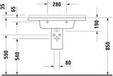 Duravit Waschtisch Starck 3 850 mm mit Überlauf, Hahnlochbank und WonderGliss in Weiß