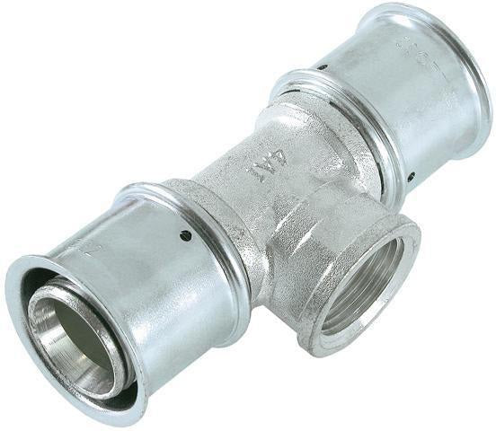 MULTITUBO Press-T-Stück mit IG 16x1/2Zx16mm von DW Verbundrohr – Messing verzinnt, mit Presshülse und Sichtfenster