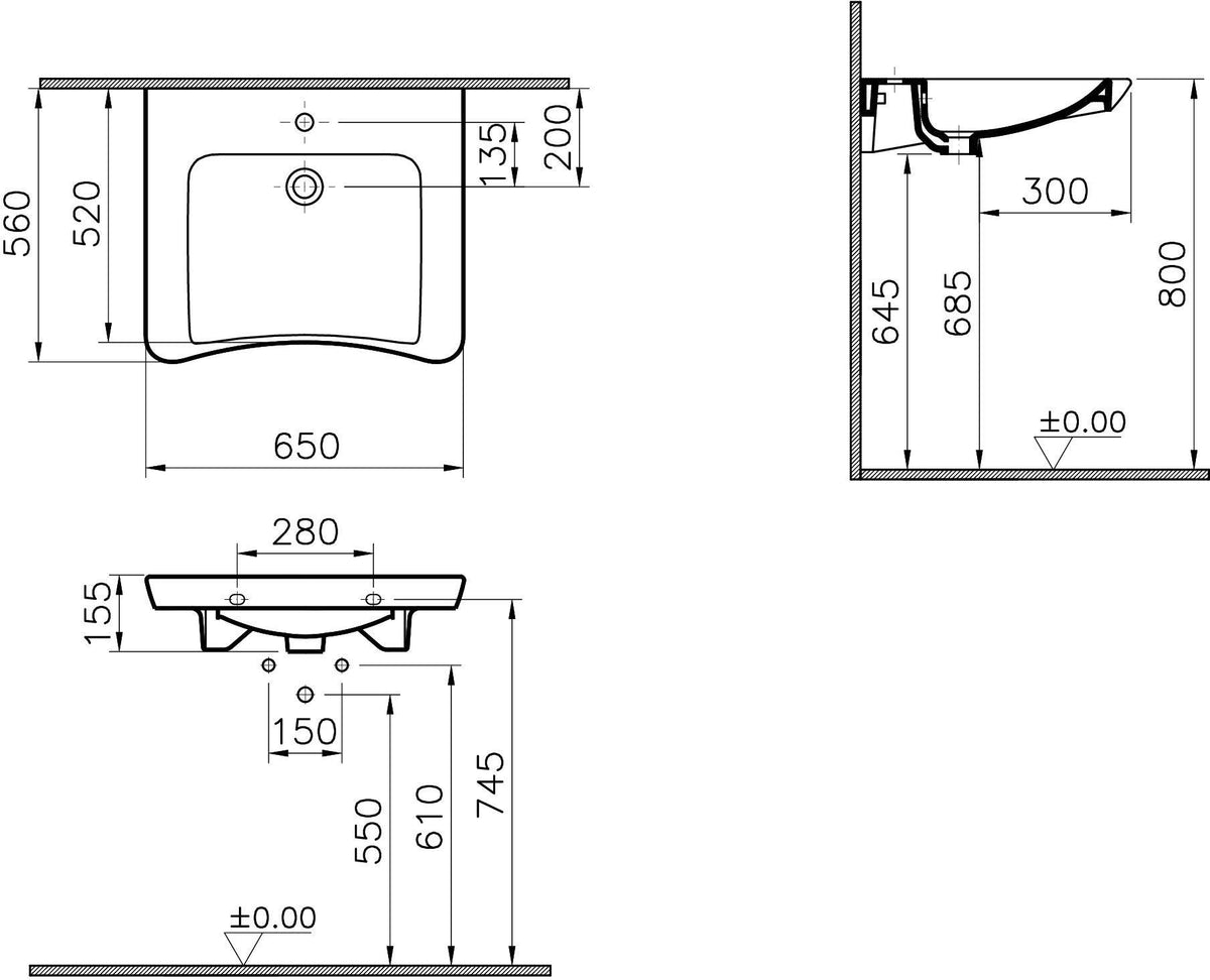 VITRA Conforma Waschtisch 650 mm barrierefrei mit Hahnloch und Überlauf Weiß HGL