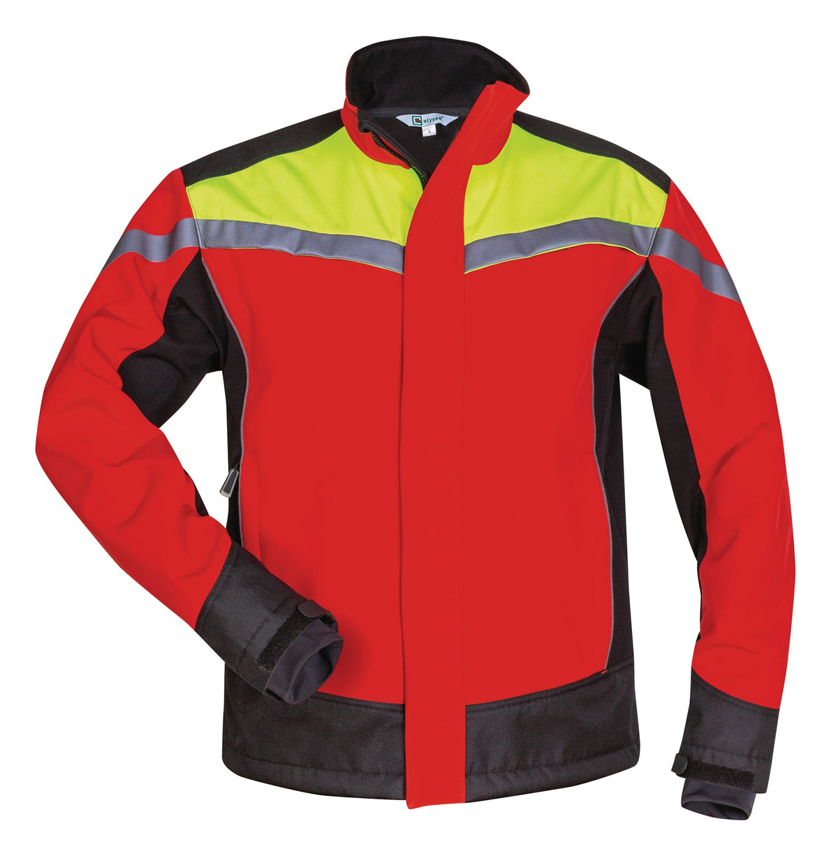 Waldarbeiter-Softshelljacke ESCHE rot/gelb/schwarz ELYSEE – wind- und wasserdicht, Cordura®-Verstärkung