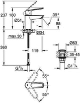 GROHE Eurosmart Einhand-Waschtischbatterie S-Size mit Push-open Ablaufgarnitur, chrom