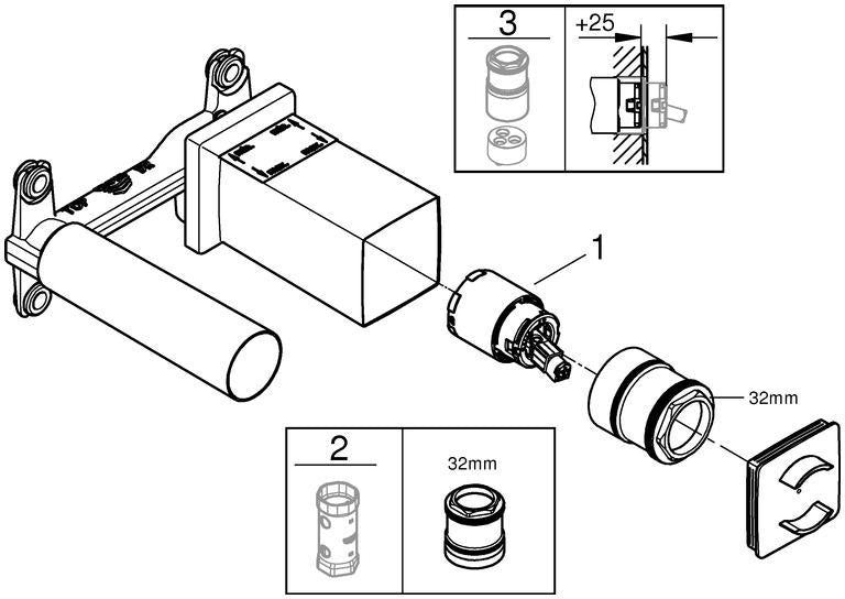 GROHE Einhand-Universal-Einbaukörper 23200 für 2-Loch-Waschtisch-Wandbatterien – SilkMove-Technologie