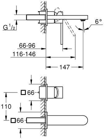 GROHE Plus 2-Loch-Waschtischbatterie Fertigmontageset Wandmontage 147 mm Chrom – SpeedClean & Water Saving