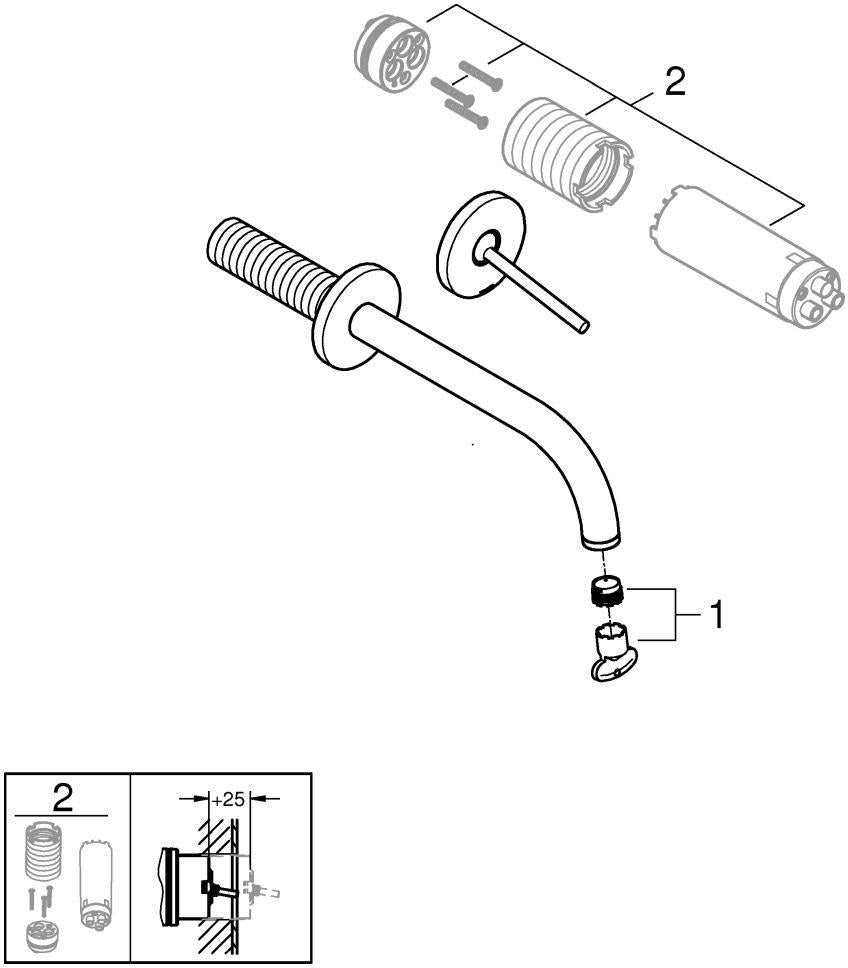 GROHE Atrio 2-Loch-Waschtischbatterie Wandmontage Fertigmontageset Ausladung 221 mm Chrom