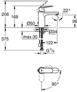 GROHE Eurosmart Cosmopolitan Einhand-Waschtischbatterie M-Size mit Kaltstart-Funktion und Kette