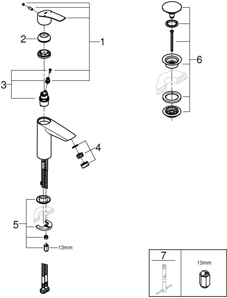 GROHE Eurosmart Einhand-Waschtischbatterie M-Size mit Verbrühschutz und Push-open Ablaufgarnitur chrom