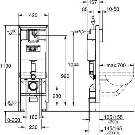GROHE WC-Element Rapid SL 38675_1 – 1,13 m, 6 l, behindertengerecht, Stahlrahmen