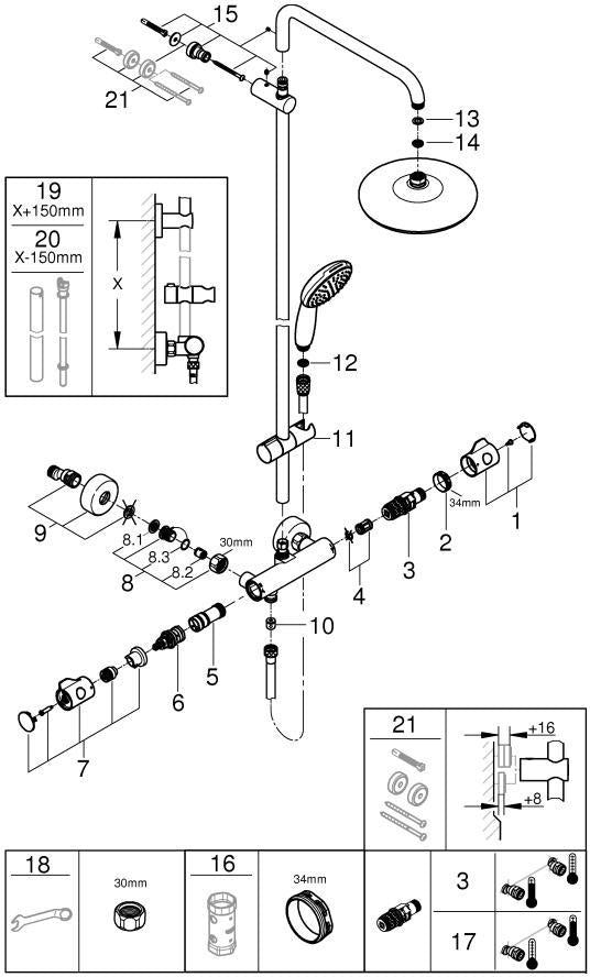 GROHE Tempesta System 210 Duschsystem mit Thermostatbatterie – Chrom, Kopf- und Handbrause