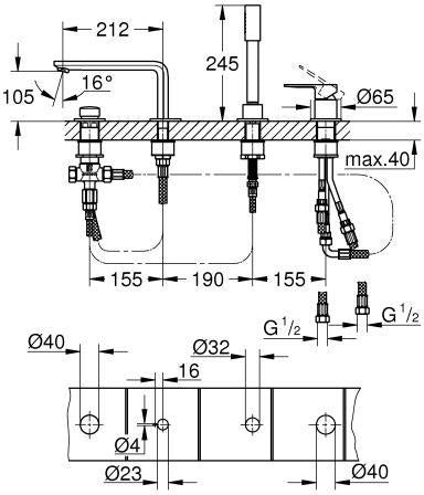 GROHE Lineare 4-Loch-Einhand-Wannenkombination Chrom – mit Temperaturbegrenzer & Umstellung Wanne/Brause