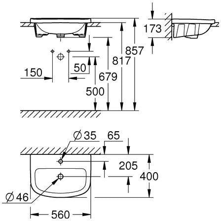GROHE Einbauwaschtisch Bau Keramik 560x400mm alpinweiß, 1 Hahnloch, mit Überlauf