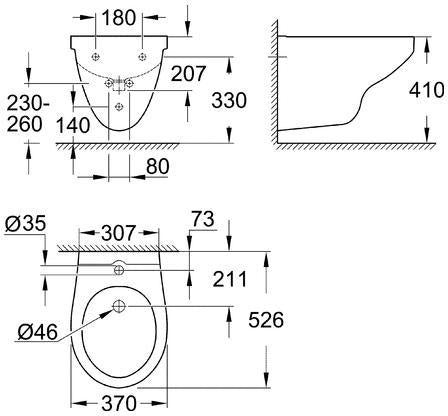 GROHE Bau Keramik Wandbidet 526x370mm alpinweiß mit 1 Hahnloch und Überlauf