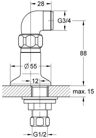 GROHE Standanschluss 12041 – 1/2" x 3/4" Winkel, Ausladung 30 mm, Chrom