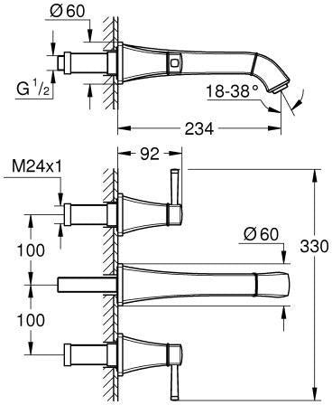 GROHE Grandera 3-Loch-Waschtischbatterie Wandmontage 234 mm Chrom