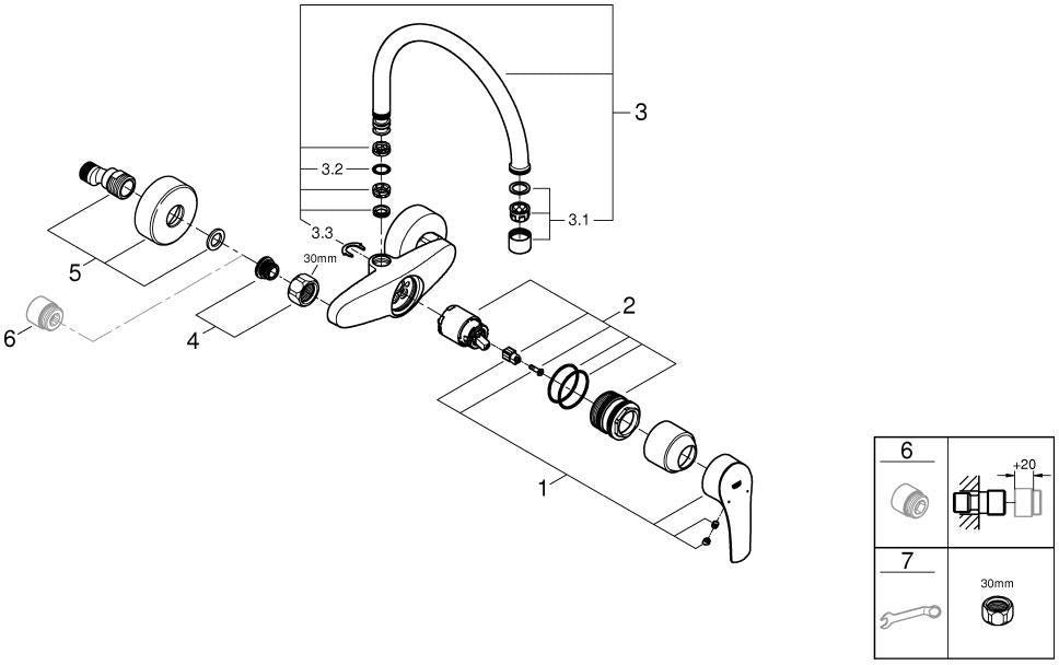 GROHE Eurosmart Einhand-Spültischbatterie Wandmontage 244 mm Auslauf Chrom