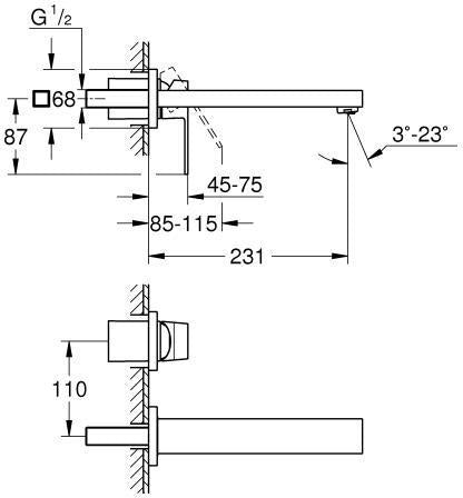 GROHE Eurocube 2-Loch-Waschtischbatterie Wandmontage Fertigmontageset Chrom