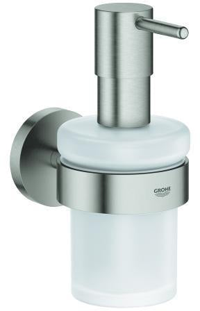 GROHE Essentials Seifenspender mit Halter, Glas satiniert, Chrom, 160 ml, Wandmontage