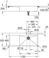 GROHE K1000 Edelstahlspüle 1160 mm mit Abtropffläche, Einbau rechts, 1 Becken