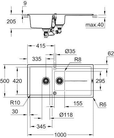 GROHE K400 Kompositspüle 1,5 Becken 1000x500 mm mit Abtropffläche granit grau