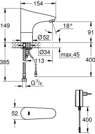 GROHE Europlus E Infrarot-Elektronik für Waschtisch, ohne Mischung, mit Steckertrafo, chrom