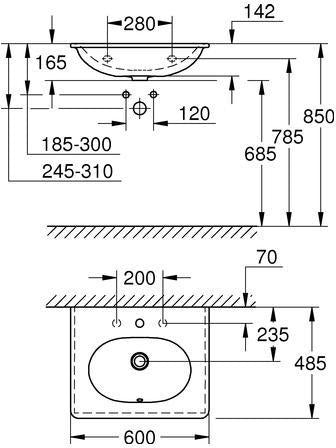 GROHE Essence Waschtisch 600x485 mm PureGuard alpinweiß – Wandmontage mit 1 Hahnloch