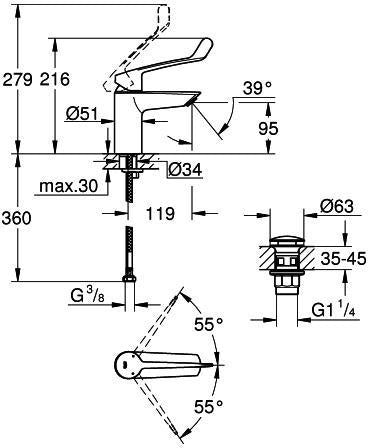 GROHE Eurosmart Professional Einhand-Waschtischbatterie S-Size mit langem Hebel und Push-open Ablaufgarnitur, Chrom