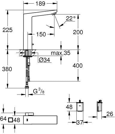 GROHE Eurocube E Infrarot-Elektronik Waschtisch-Armatur mit Mischung und Temperaturbegrenzer, Batteriebetrieb, Chrom