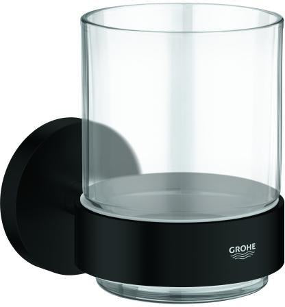 GROHE Essentials Zahnputzbecher Glas mit Halter Matte Black – Wandmontage, verdeckte Befestigung