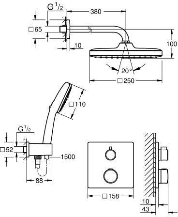GROHE Grohtherm Unterputz-Duschsystem mit Tempesta 250 Cube, eckig, Chrom, 2 Absperrventile