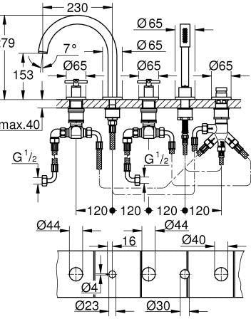 GROHE Atrio 5-Loch-Wannen-Kombination 29408 mit Kreuz-Griffen in Chrom