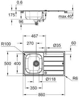GROHE K200 Edelstahlspüle 860x500 mm mit Abtropffläche und Siebkorbventil