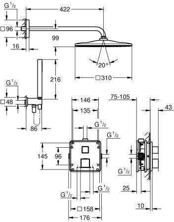 GROHE Grohtherm Cube Unterputz-Duschsystem mit Thermostat, 2 Abgängen und Rainshower Mono 310 Cube, Chrom