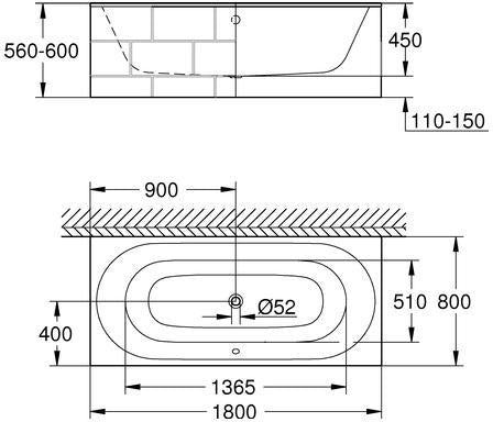 GROHE Einbau-Badewanne Essence 180 x 80 cm alpinweiß Stahlwanne mit Überlauf