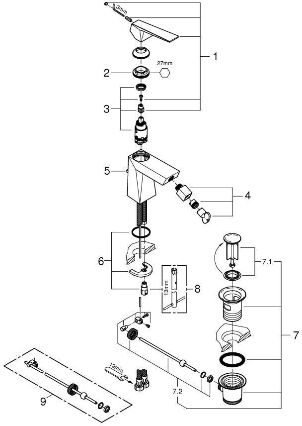 GROHE Allure Brilliant Einhand-Bidetbatterie 24347 Chrom – SilkMove, Temperaturbegrenzer, Zugstangen-Ablaufgarnitur