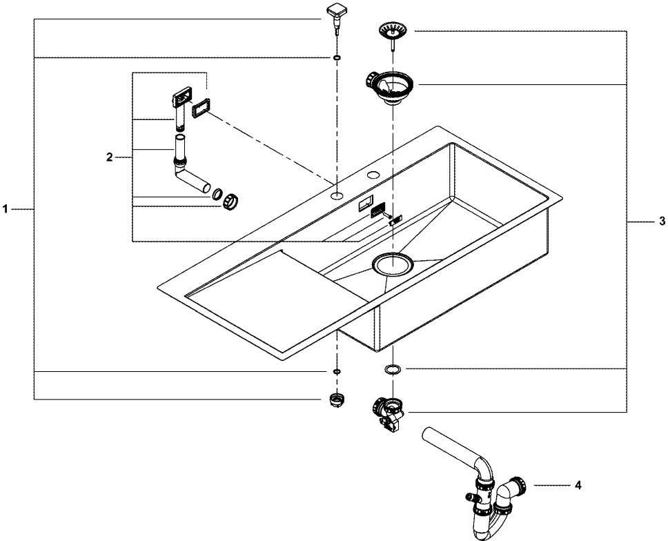 GROHE K1000 Edelstahlspüle 1160 mm mit Abtropffläche, Einbau rechts, 1 Becken