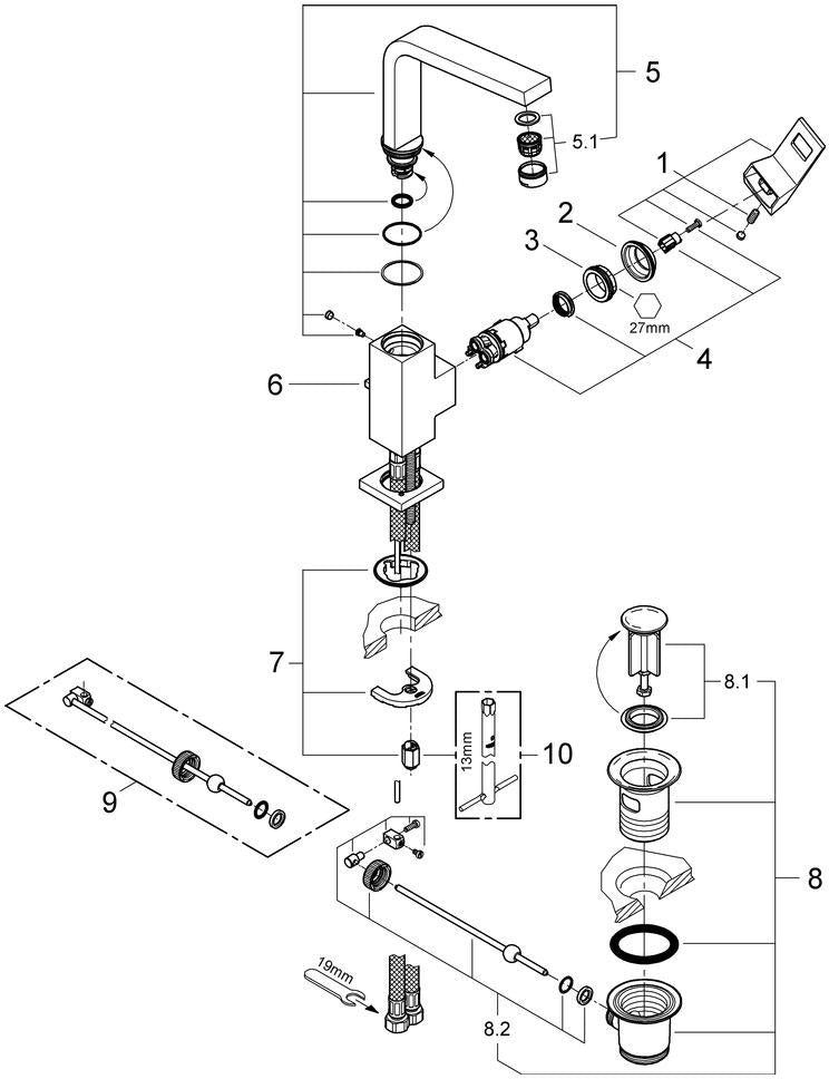 GROHE Eurocube Einhand-Waschtischbatterie L-Size mit EcoJoy und Zugstangen-Ablaufgarnitur, Chrom