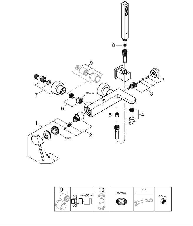 GROHE Plus Einhand-Wannenbatterie Wandmontage mit Brausegarnitur chrom – 33547_3