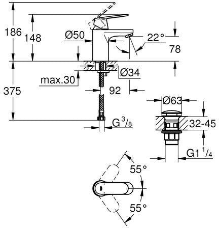GROHE Eurosmart Cosmopolitan Einhand-Waschtischbatterie S-Size mit Push-open Ablaufgarnitur, Chrom