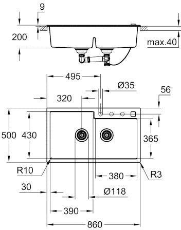 GROHE K500 Kompositspüle 2 Becken 860x500mm granit schwarz – Quartzkomposit, Whisper, FastFixation