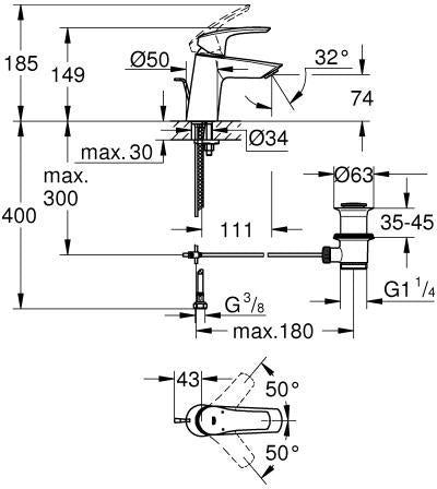 GROHE Eurosmart Einhand-Waschtischbatterie S-Size geneigt chrom mit Zugstangen-Ablaufgarnitur