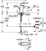 GROHE Eurosmart Einhand-Waschtischbatterie S-Size geneigt chrom mit Zugstangen-Ablaufgarnitur